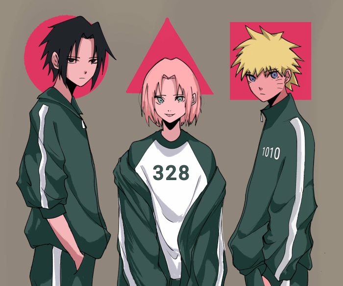 Naruto, Sasuke, and Sakura in Squid Game outfits