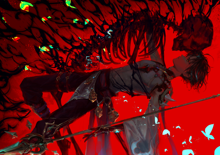 Xiao from Genshin Impact with a skeleton