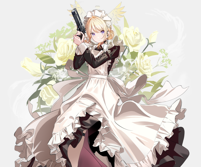 Girl with Gun in Maid Outfit and Roses
