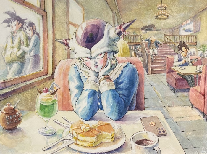 Frieza in a cafe with Dragon Ball characters
