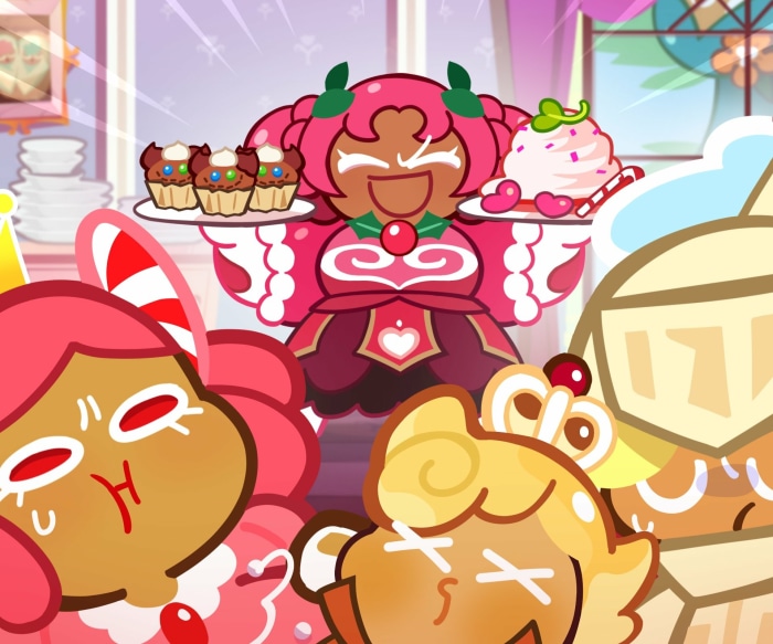Raspberry Mousse Cookie serving treats in Cookie Run: Kingdom