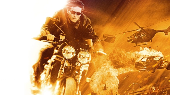 Ethan Hunt from Mission: Impossible II on a motorcycle