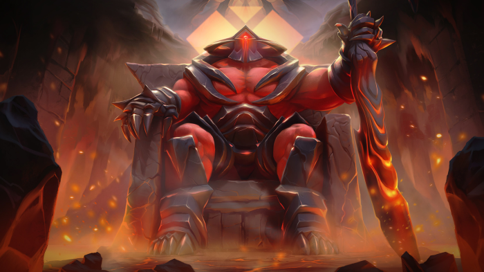 A red demon king sits on a throne with a fiery sword