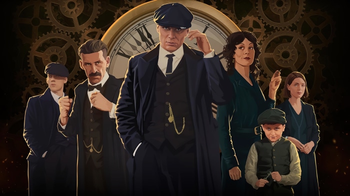 Peaky Blinders characters in front of clock gears