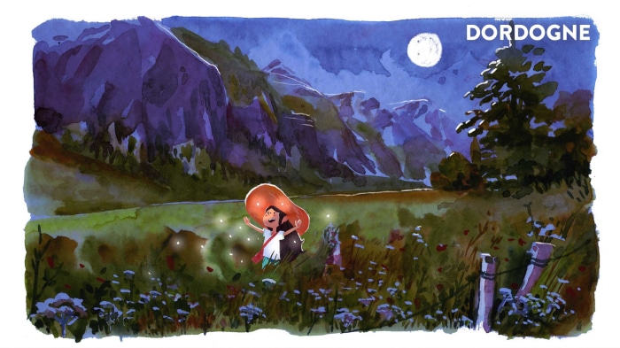 Dordogne landscape with a girl and fireflies at night