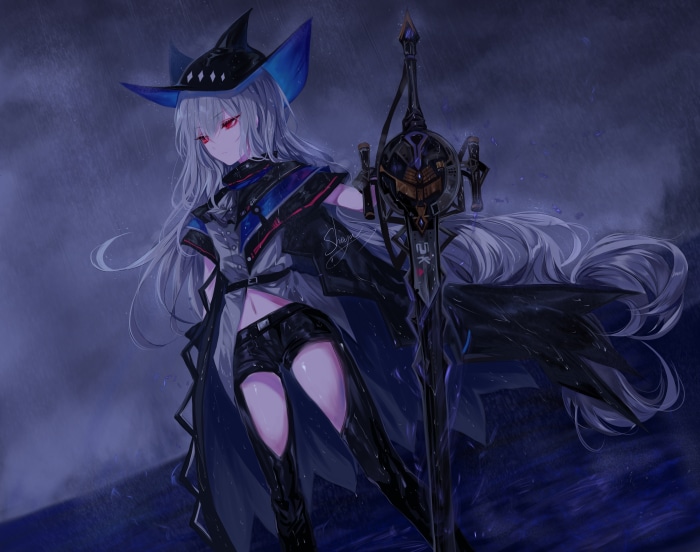 Skadi from Arknights with a large sword