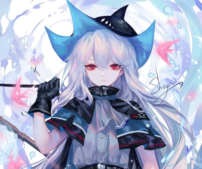 Skadi from Arknights with blue witch hat