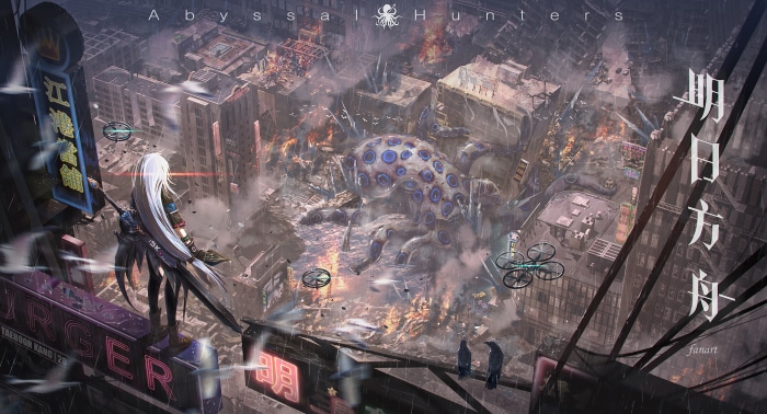 Skadi from Arknights fighting a giant octopus in a ruined city