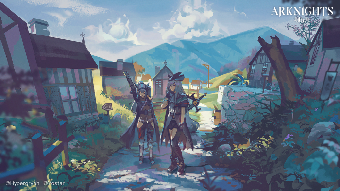 Grani and Skadi from Arknights in a village