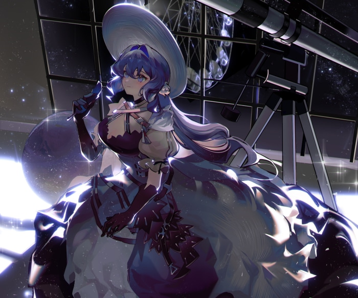 Astesia from Arknights looking through a telescope