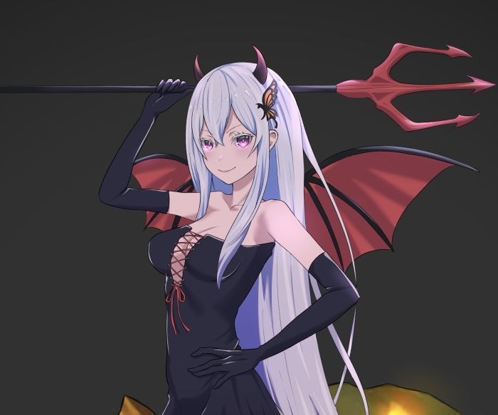 Echidna from Re:ZERO in a devil costume holding a trident
