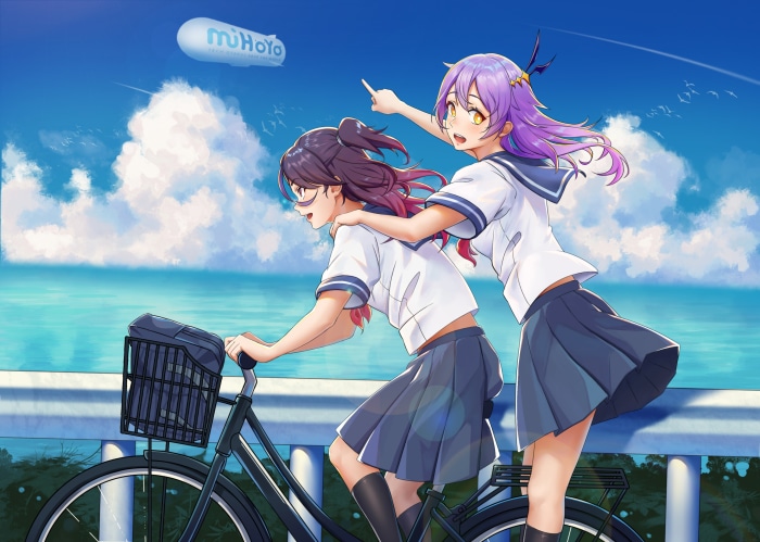 Sirin and Houraiji Kyuushou from Honkai Impact 3rd on a bicycle