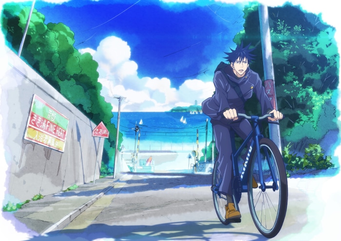 Megumi Fushiguro from Jujutsu Kaisen riding a bicycle