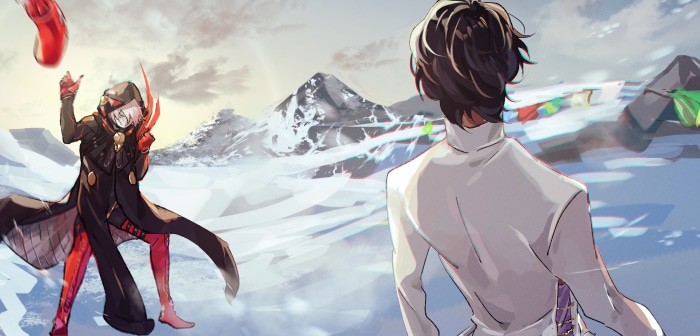 Karna and another man in a snowy mountain landscape
