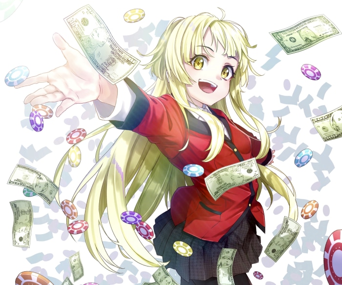 Kokoro Tsurumaki from BanG Dream! Girls Band Party! throwing money and chips