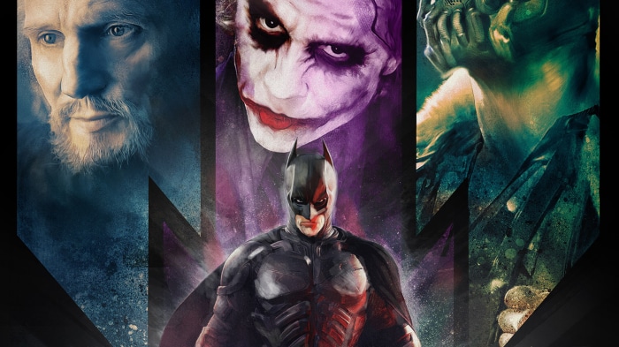 Batman, Joker, Ra's al Ghul, and Bane from The Dark Knight Trilogy