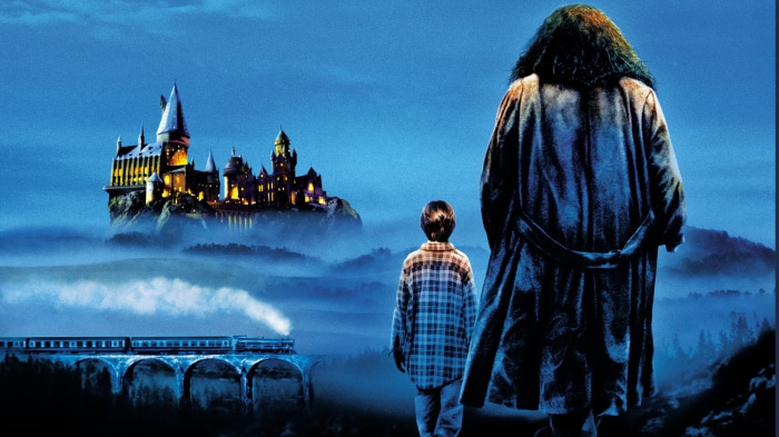 Harry Potter and Rubeus Hagrid with Hogwarts Castle