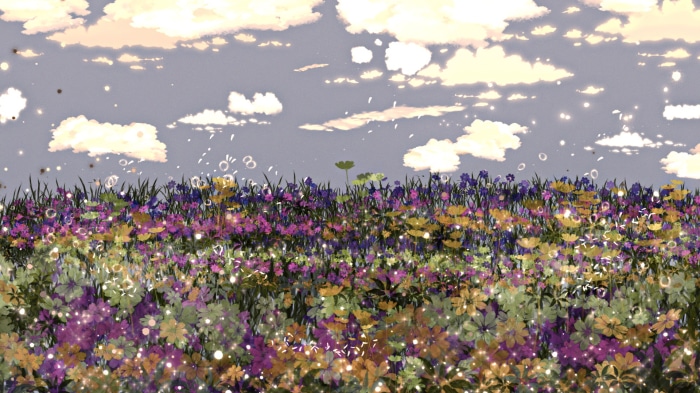 Anime field of flowers under a cloudy sky