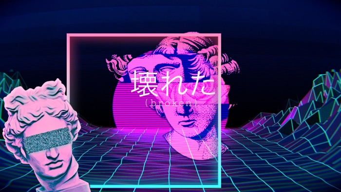 Vaporwave aesthetic with broken statues and grid landscape