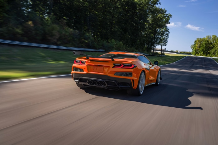Orange 2023 Chevrolet Corvette Z06 on a Racetrack