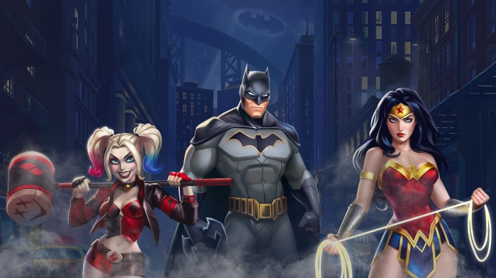 Batman, Harley Quinn, and Wonder Woman in Gotham City