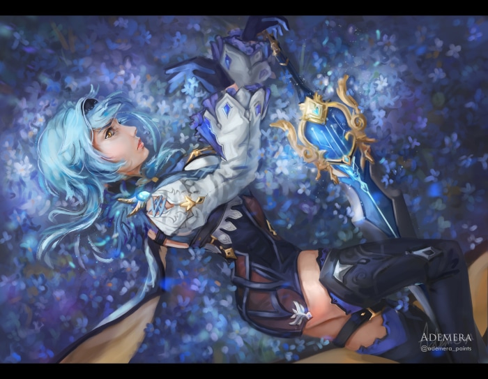 Eula from Genshin Impact lying in flowers