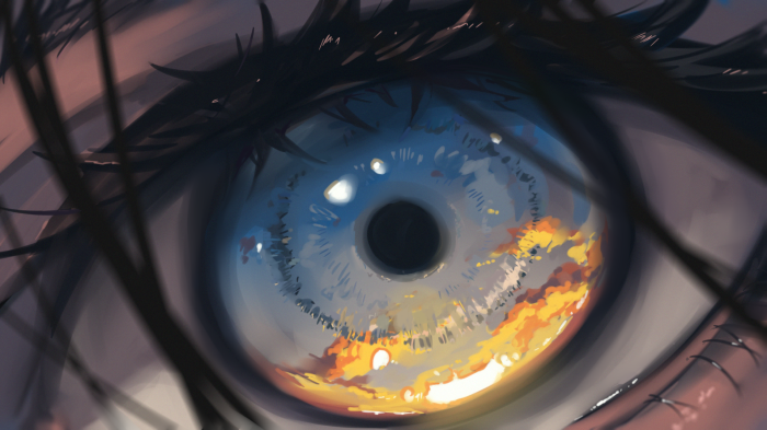 Close-up of an eye reflecting a sunset