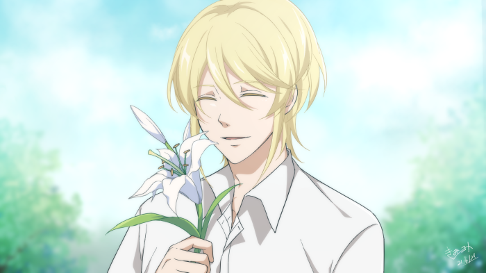 William James Moriarty from Moriarty The Patriot holding a lily