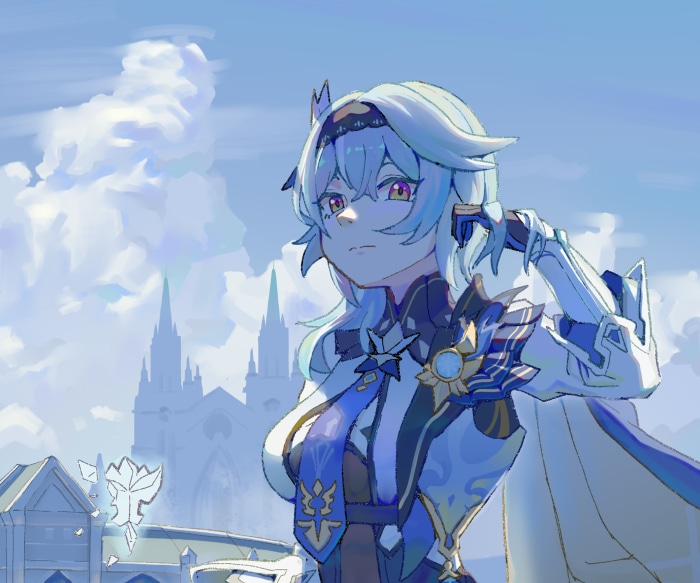 Eula from Genshin Impact with clouds and castles