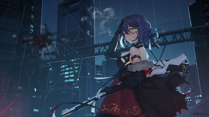 Girl with blue hair in a dark city at night
