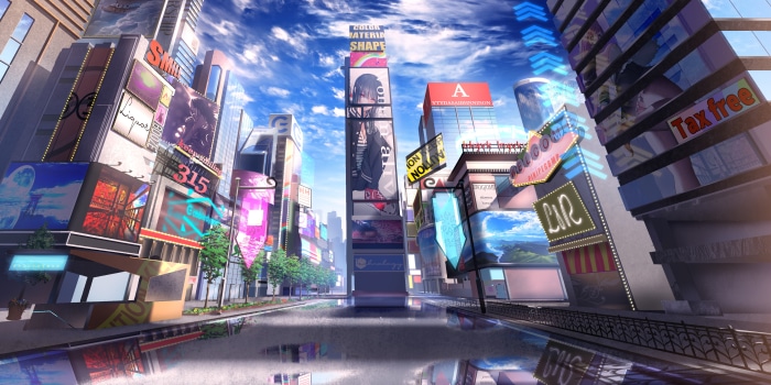 Anime city with digital billboards and canal