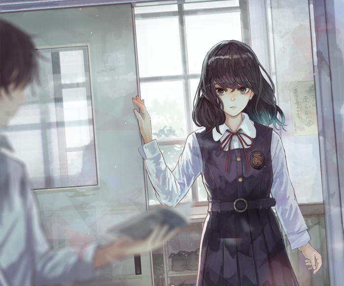 Girl in school uniform by a sliding door