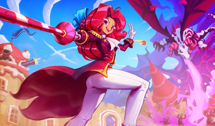 Raspberry Cookie from Cookie Run: Kingdom fighting a dragon
