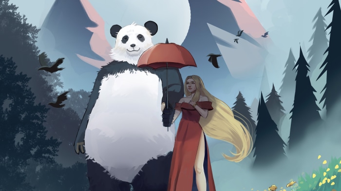 Fantasy Woman and Panda with Umbrella in Mountains