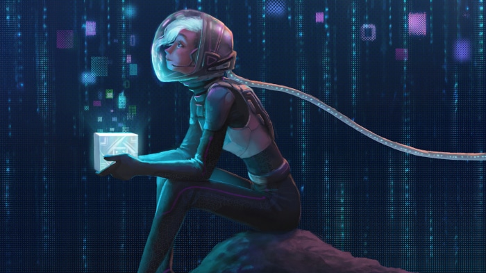 Sci Fi Woman in Space Suit Holding a Cube