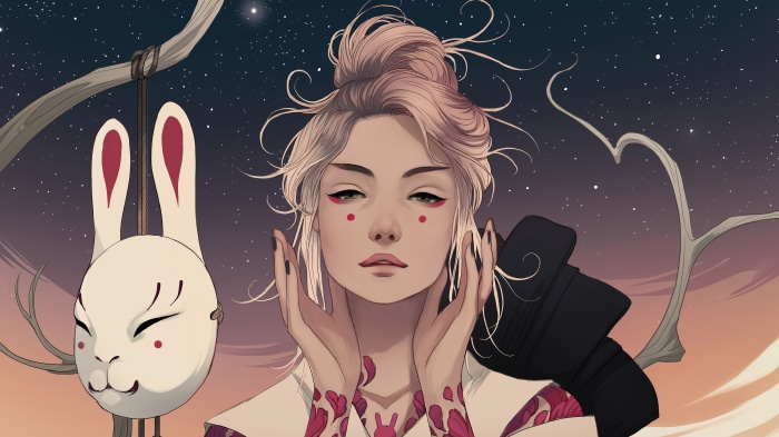 Woman with bunny mask and tattoos