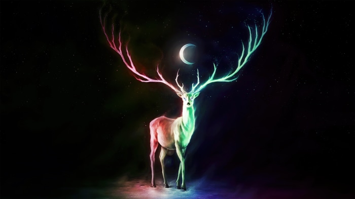 Fantasy Deer with Colorful Antlers and Moon