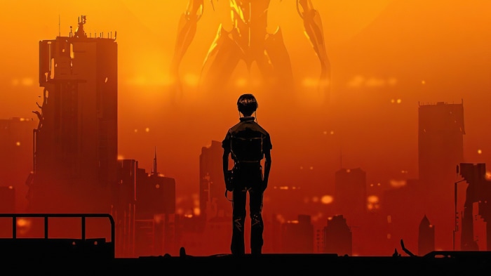 Girl facing giant robot in Neon Genesis Evangelion