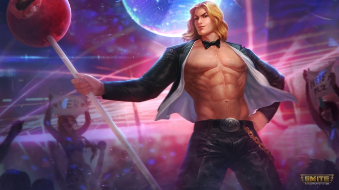 Achilles from Smite holding a lollipop