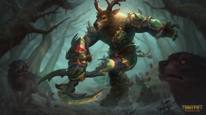 Cernunnos from Smite with wolves in a forest