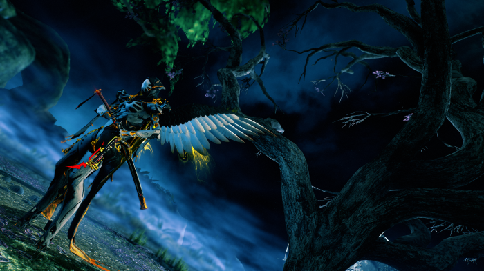 Wisp from Warframe in a dark forest