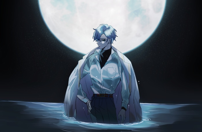 Figaro from Promise of Wizard standing in water under the moon