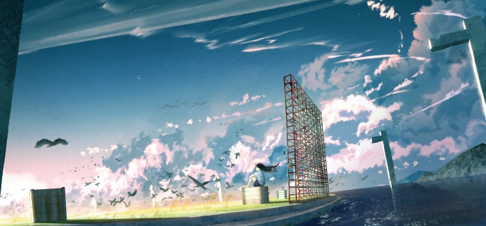 Girl sitting near a large structure with birds flying