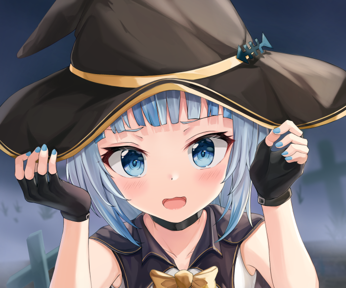 Gawr Gura from Hololive wearing a witch hat