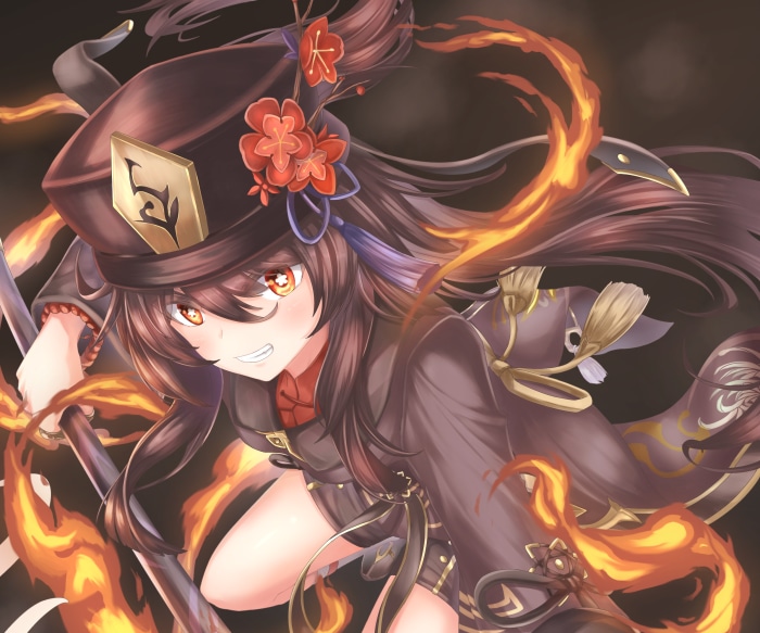 Hu Tao from Genshin Impact with fire