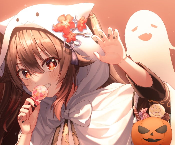 Hu Tao from Genshin Impact with Halloween candy