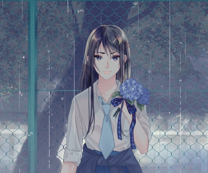 Girl in school uniform holding blue flowers in the rain