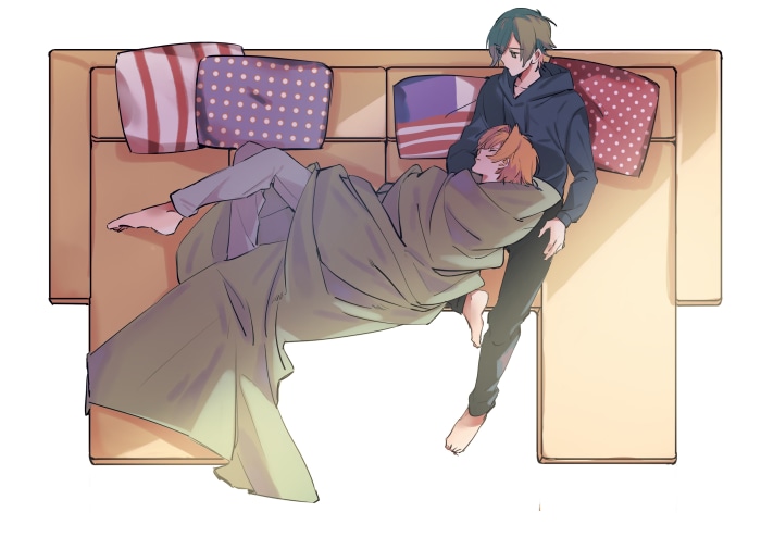 Senri Nito and Takaomi Shishimaru on a couch