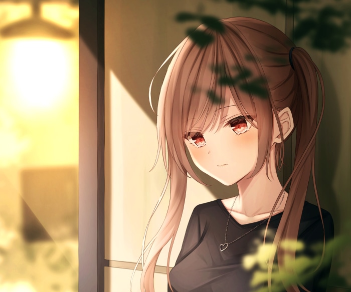Girl with red eyes and pigtails