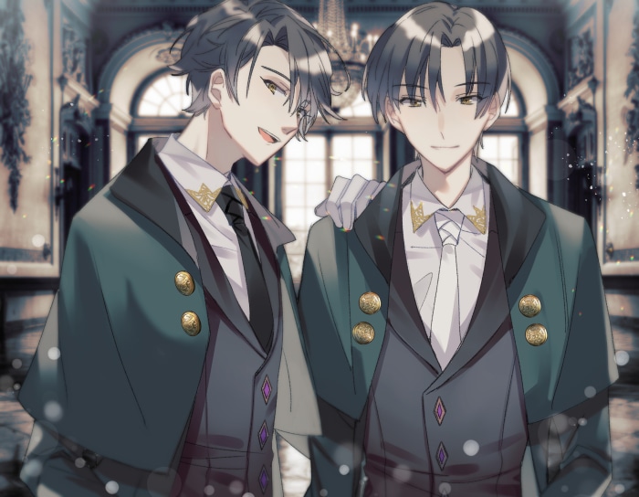 Two men in formal attire in a ballroom